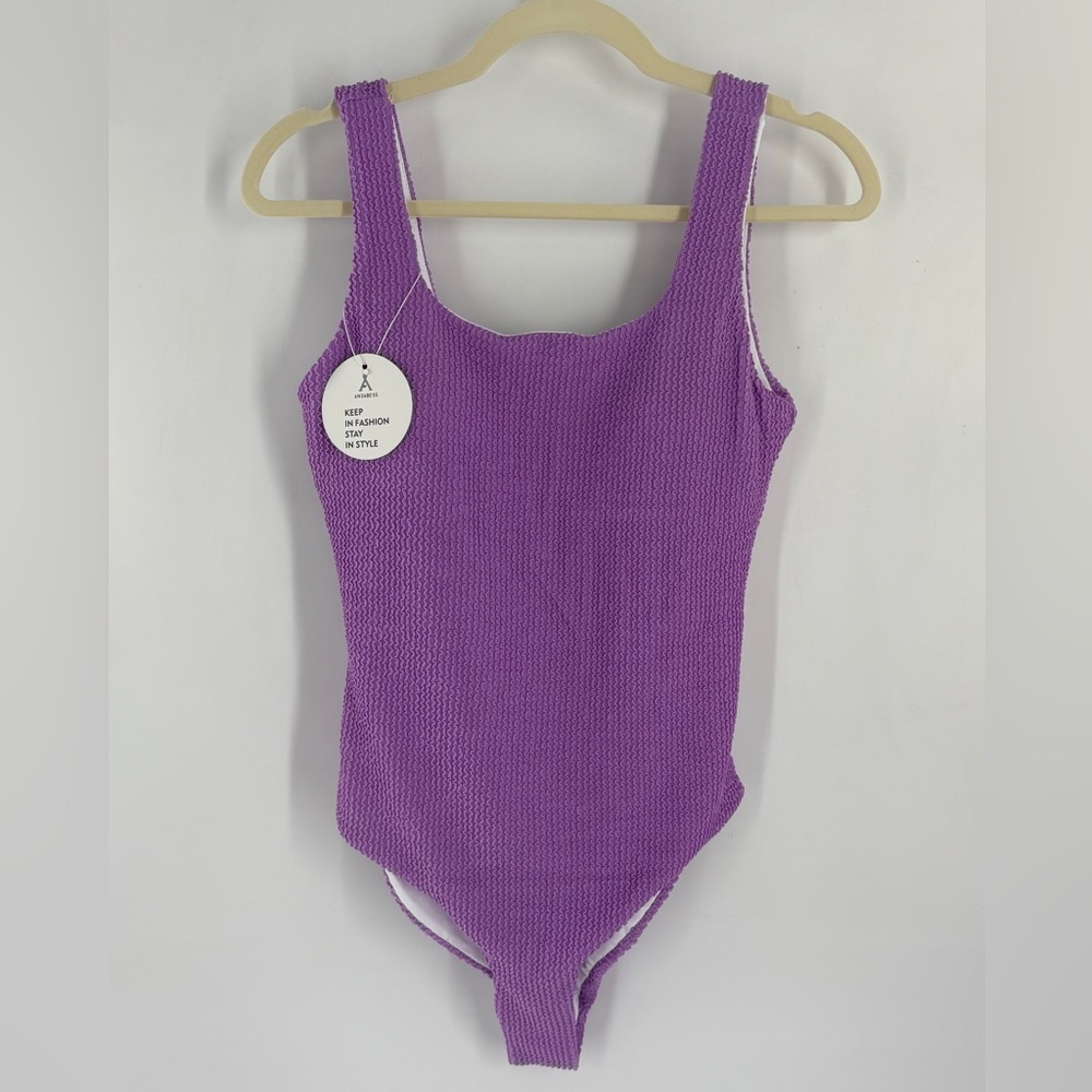 ANRABESS Womens  Swimsuit Purple Summer Sq Neck -Full Coverage Textured-Medium - Picture 3 of 9